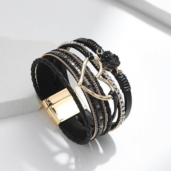 Leopard Bracelet for Women, Boho Leather Wrap Multi-Layer Pearl Crystal - Picture 2 of 4